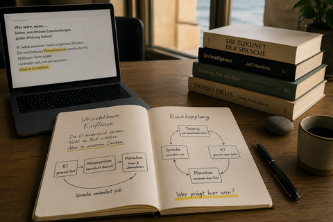 Schreibtisch mit aufgeklapptem Laptop, auf dessen Bildschirm ein Text zum Thema KI-Wasserzeichen zu sehen ist, daneben ein aufgeschlagenes Notizbuch mit handgezeichneten Diagrammen, dazu Bücher, eine Tasse Kaffee und ein Stift.
