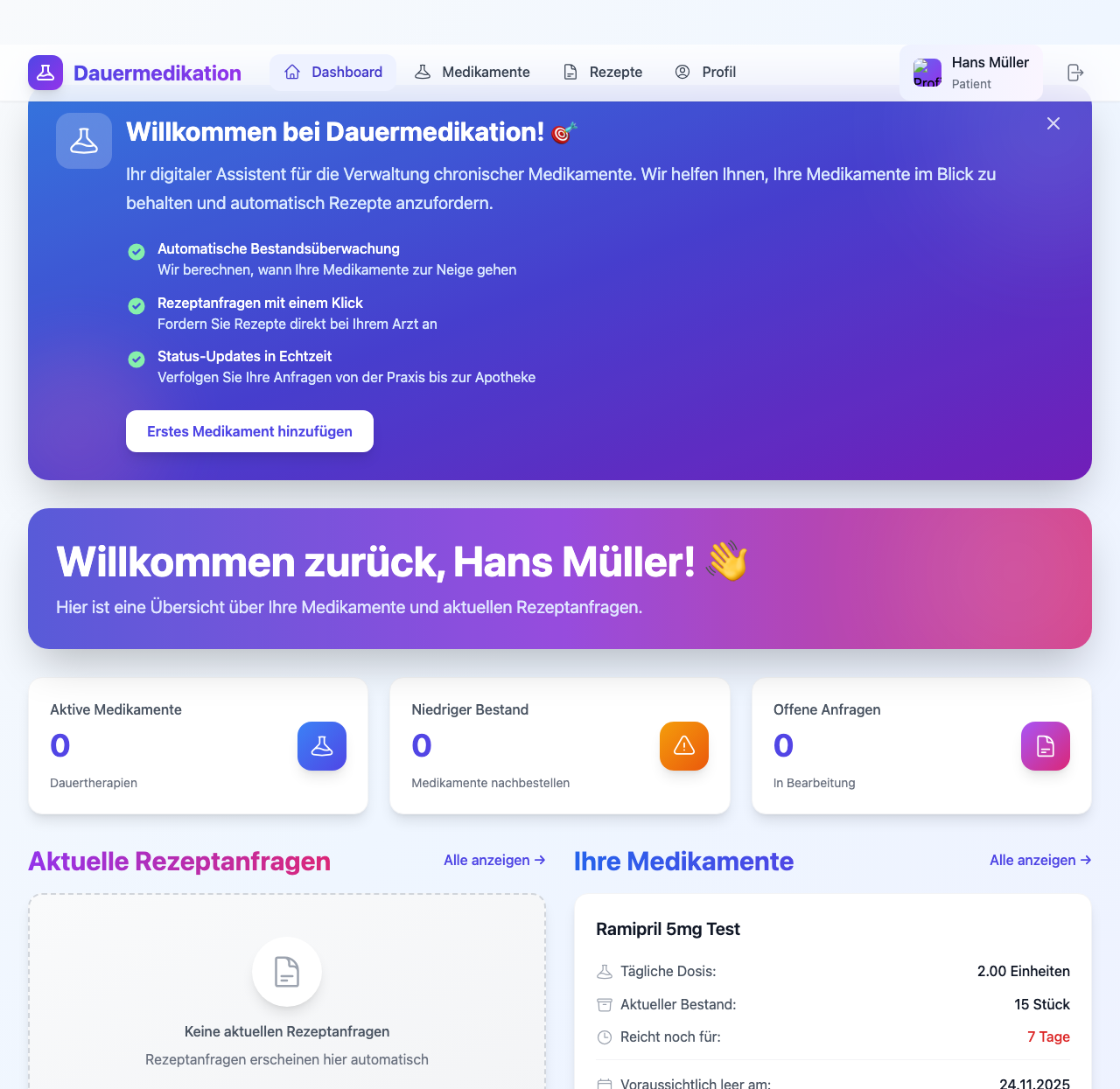 Screenshot: Dauermedikation Patienten-Dashboard